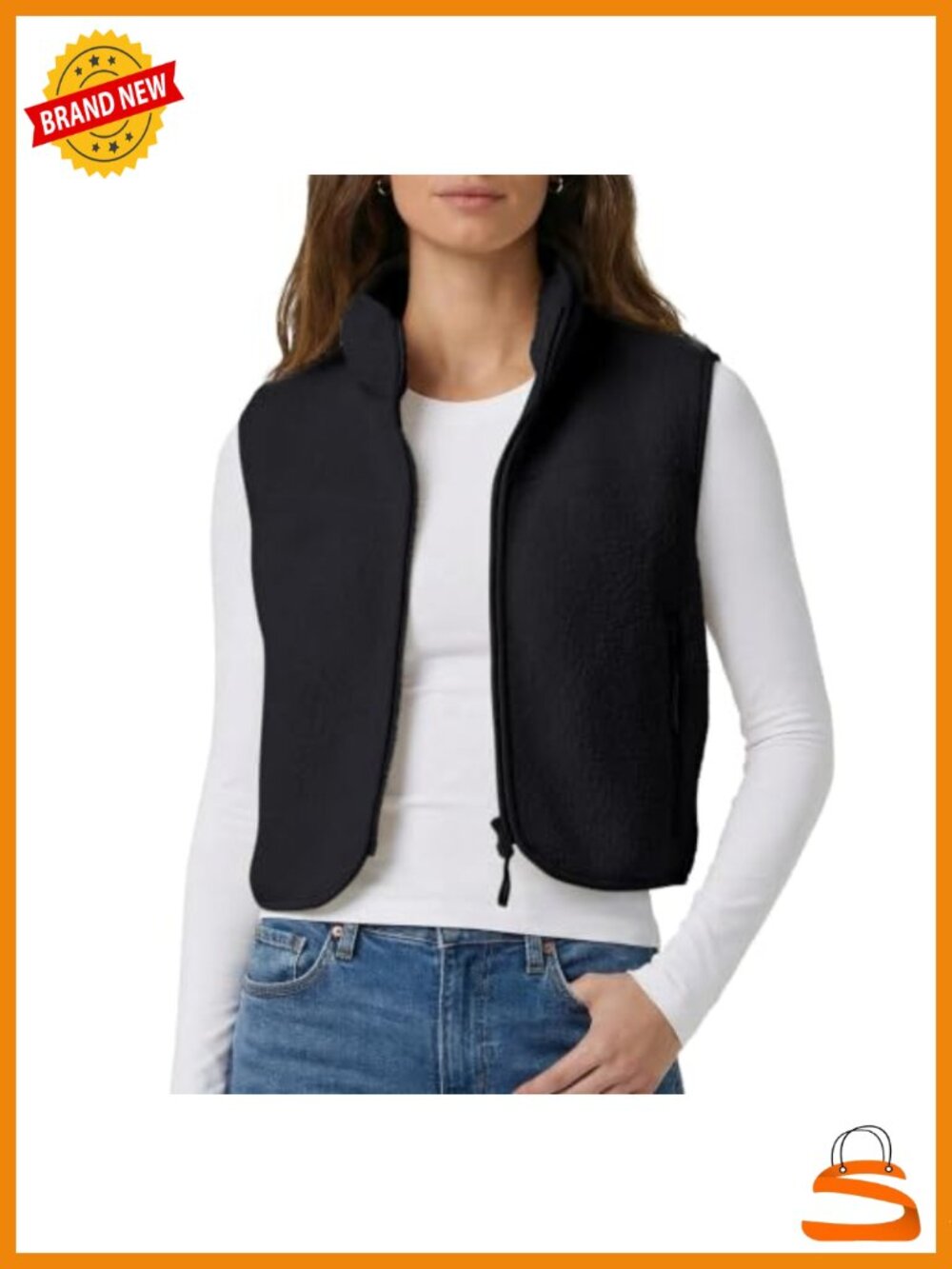 Cropped Fleece Vest Zip Up Stand Collar Sherpa Waistcoat with Pockets